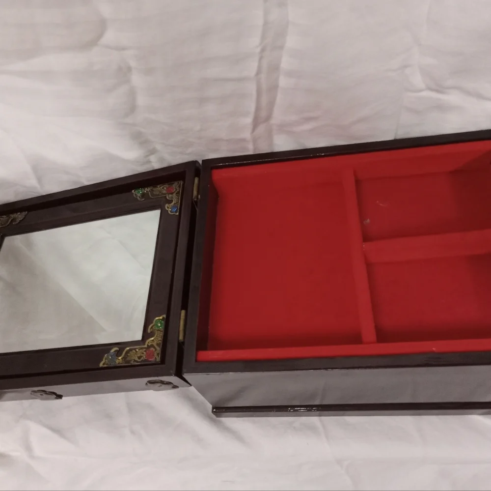 Vintage Asian Style Wooden Jewelry Box with Beveled Mirror